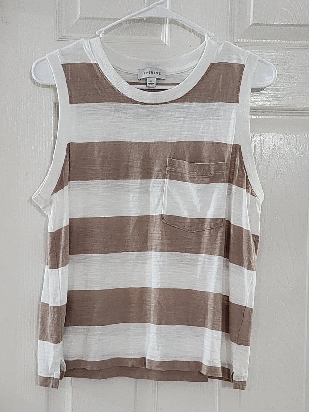 EVEREVE Brown White Striped Sleeveless Tank Top Pima Cotton Small Pocket